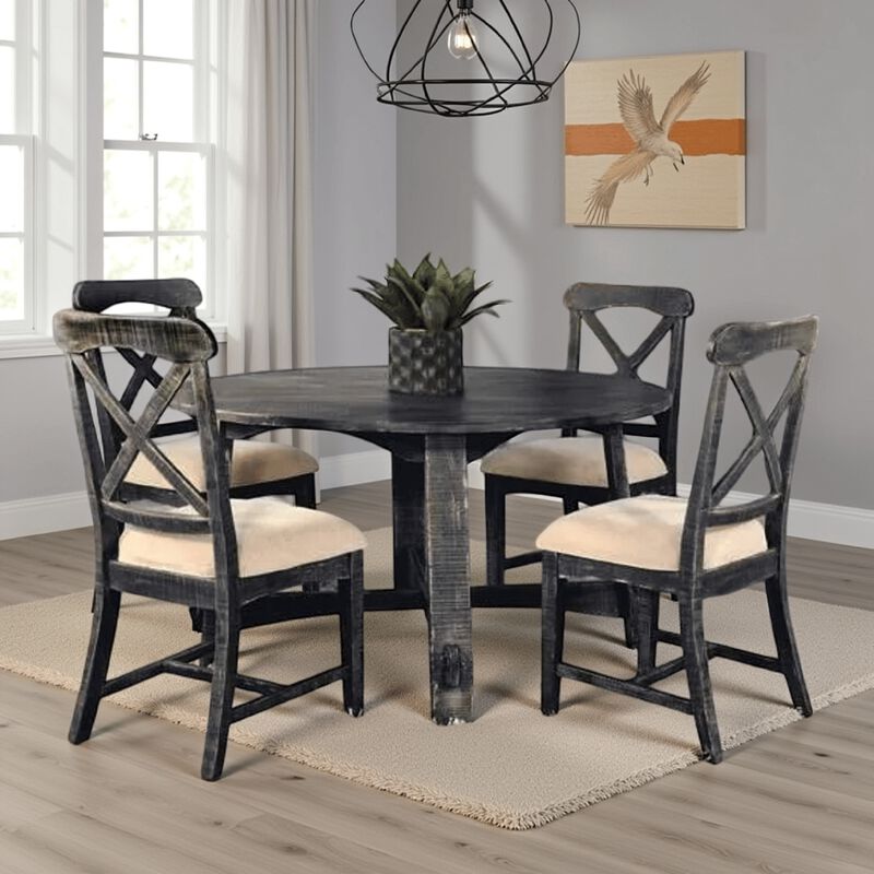 Rena Dining Table, 54 Inch Round Planked Black Smoke Mahogany Wood - Benzara