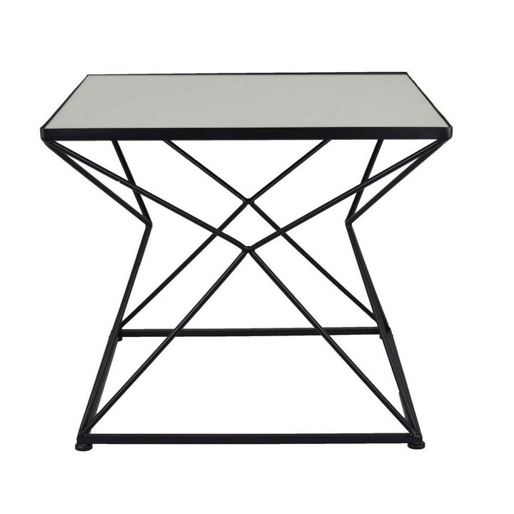 21 Inch Plant Stand Side Table, Mirror Top, Black Geometric Metal Frame - Benzara