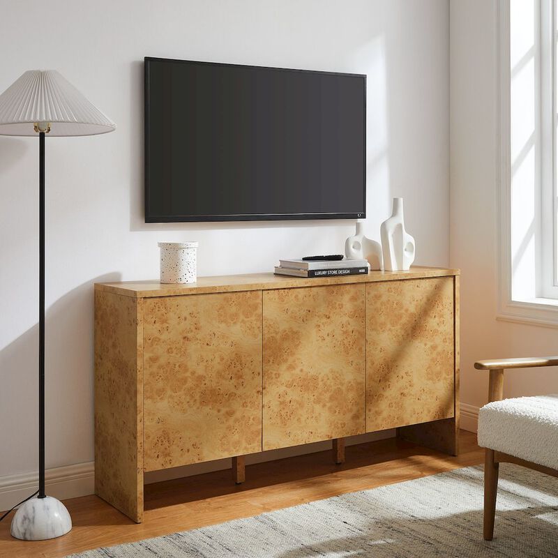 Modway Hudson Burl Wood Sideboard with 3 Doors in Natural - Modern Buffet Cabinet - Versatile High TV Stand Media Cabinet - 60 Inch Storage Sideboard for Living Room with Doors and Shelves image number 9