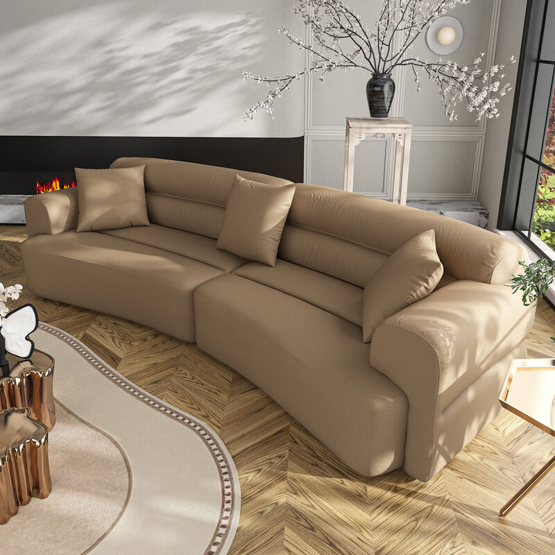 FUFU&GAGA Large Curved Sofa with 3 Throw Pillows & Armrests, Padded Upholstered Cushions, (110 in. W x 43.3 in. D x 31.5 in. H, Seat Depth 25.9 in.), Chocolate Brown