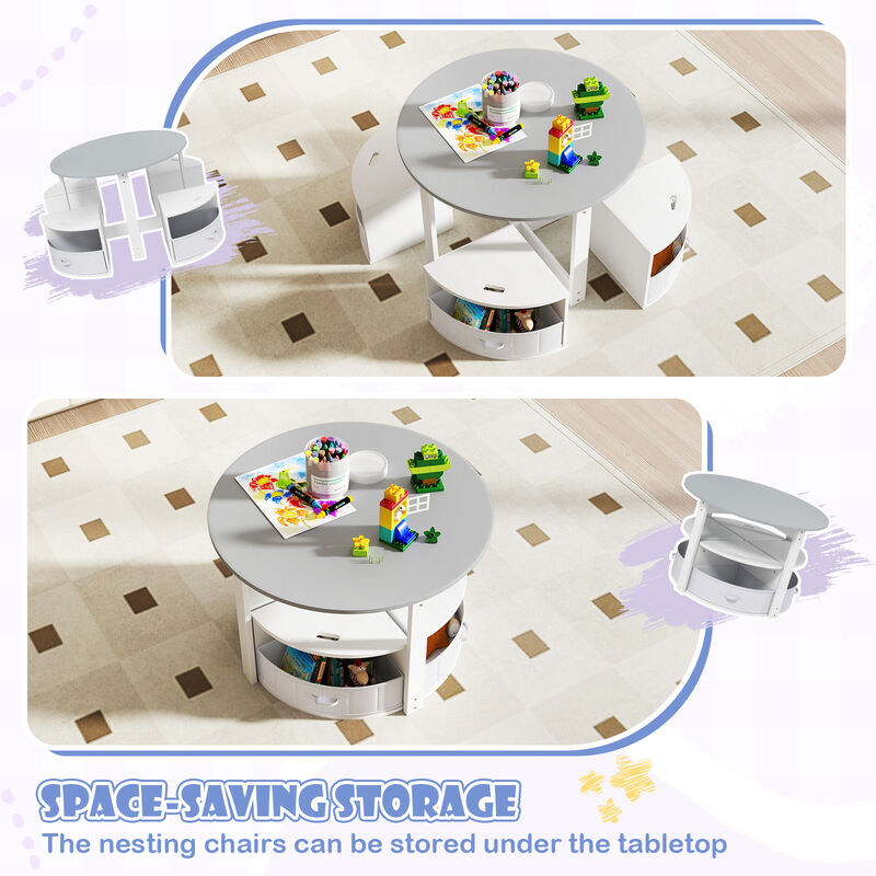 Kids 5-Piece Round Activity Table Set with 4 Nesting Storage Stools &ndash; Grey image number 5