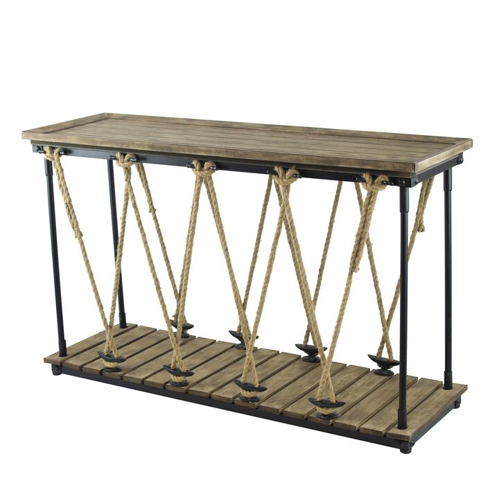 52 Inch Console Table, Rustic Plank Top with Crossed Rope Design, Brown-Benzara