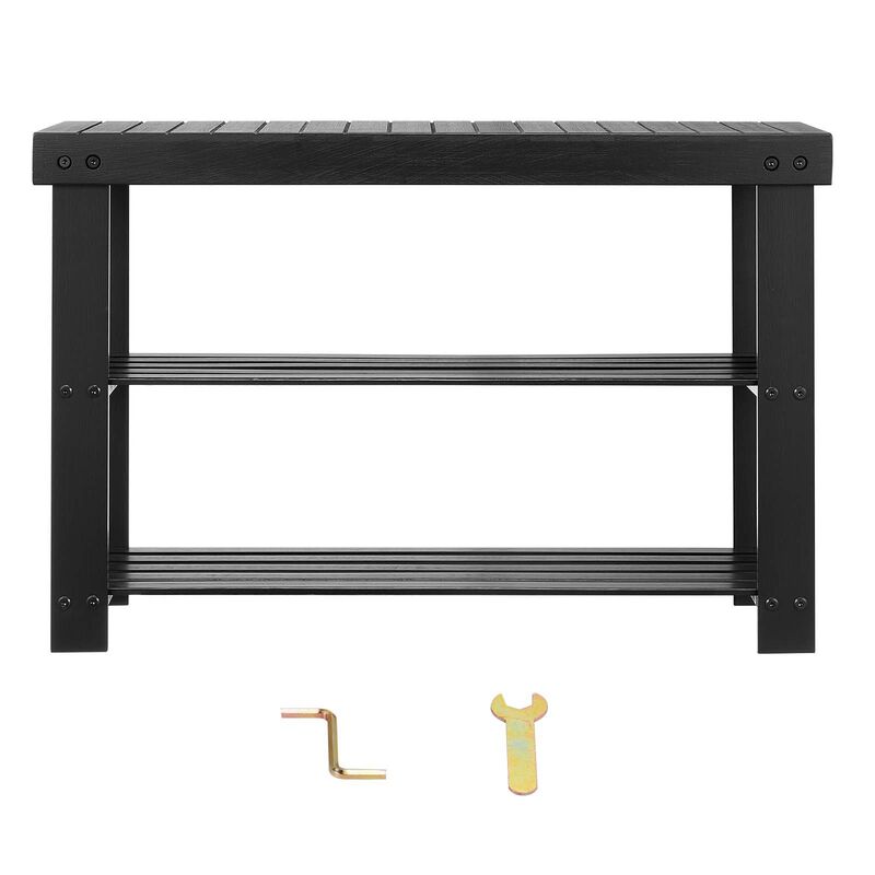 Entryway Shoe Storage Bench 3-Tier Wicker Rack for Hallway, Bedroom, Front Door Use-Black image number 0