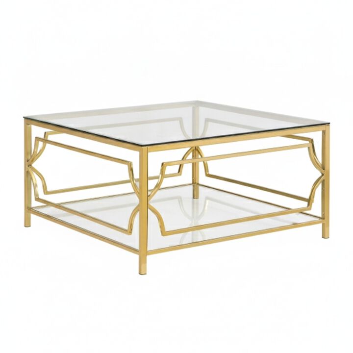 GOODSILO 33.5 Inch Square Tempered Glass Coffee Table with Geometric Metal Frame, Lower Storage Shelf for Modern Living Space Use