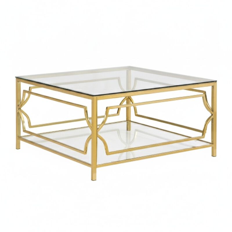 GOODSILO 33.5 Inch Square Tempered Glass Coffee Table with Geometric Metal Frame, Lower Storage Shelf for Modern Living Space Use image number 0