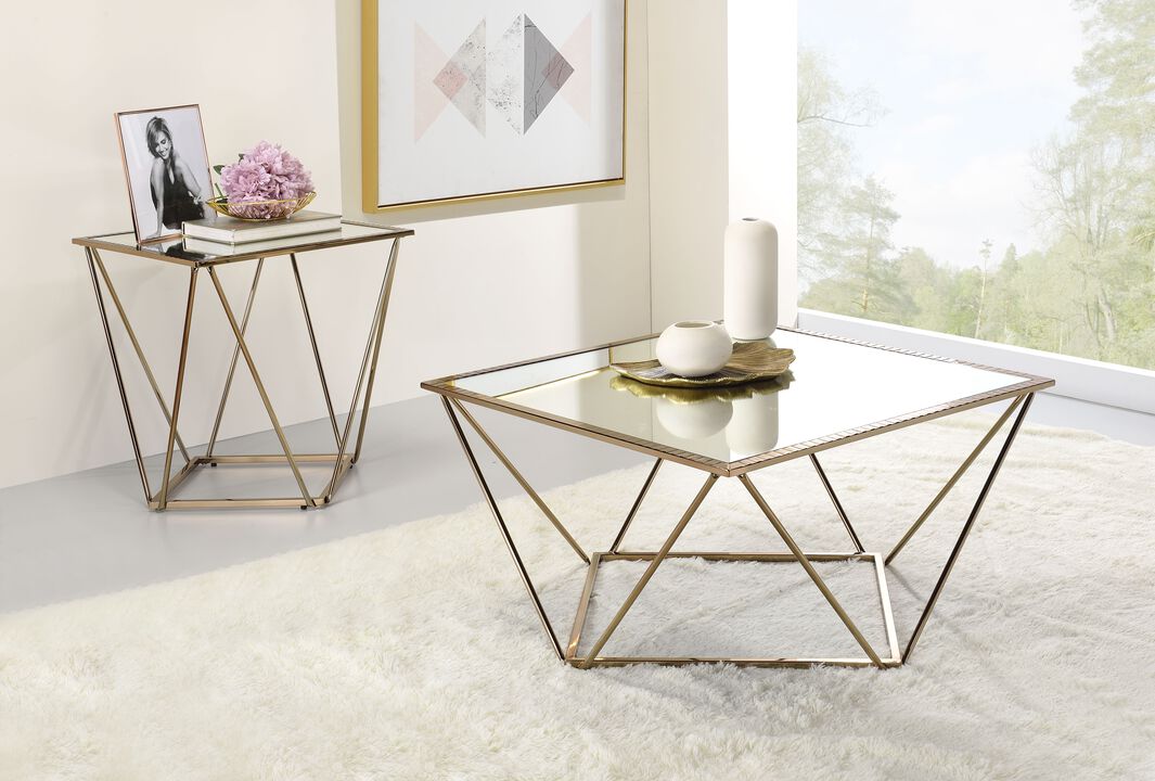 ACME Fogya End Table, Mirrored & Champagne Gold  Finish