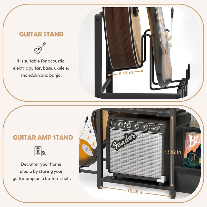 Bikoney Mid Century Modern Record Player Stand, Guitar Stand for Acoustic, Electric Guitar, Bass with Amp Stand, 3-Tier Vinyl Re