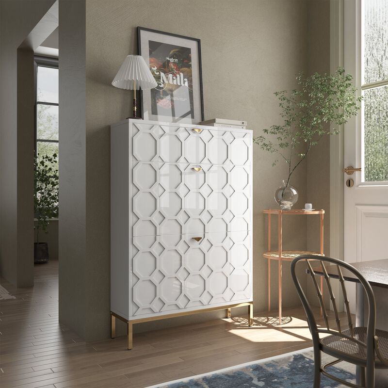 MONDAWE Modern 3-Drawer MDF Shoe Cabinet With Golden Handle (24-Pair)