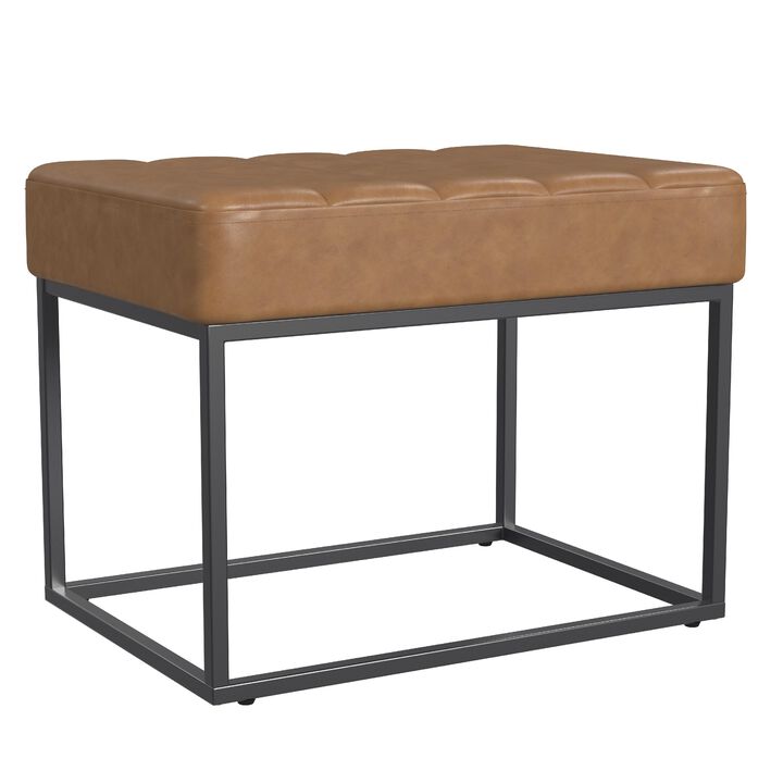 Kai Ottoman Footstool, Carmel Brown Faux Leather, Black Metal, 22 Inch