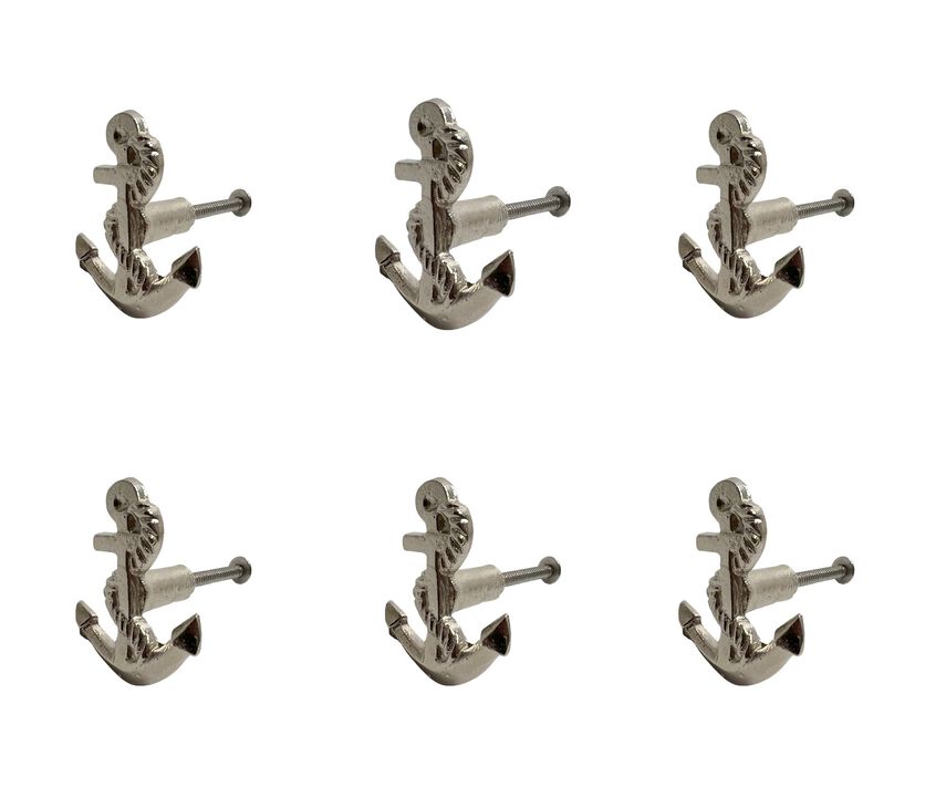 HomeRoots Set of Six Silver Nautical Anchor Knob Metal Drawer Pull Knobs