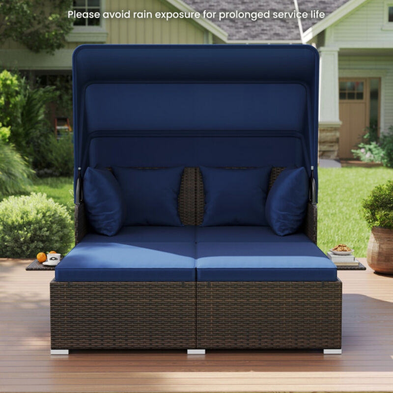 Patio Rattan Daybed with Adjustable Canopy and Built-In Side Tables image number 6