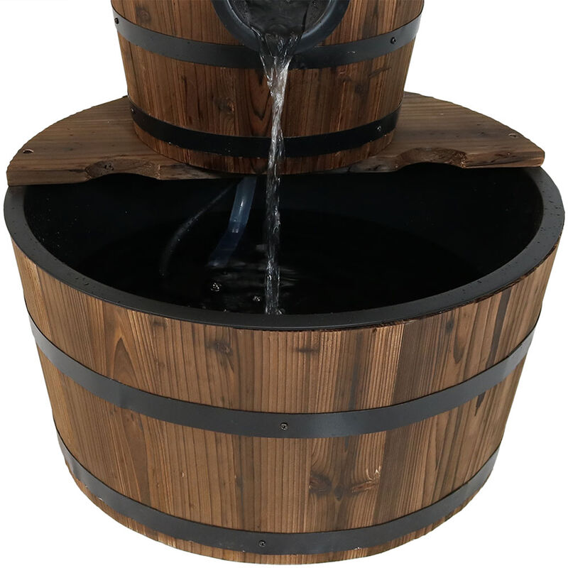 Sunnydaze Wooden Bowl/Barrel Water Fountain with Hand Pump/Liner - 23 in