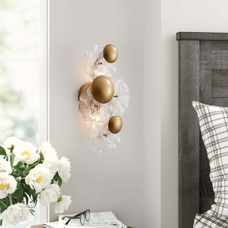 Flora 2-Light Brushed Brass Glass Flower Wall Sconce - 9" W x 16" H x 5.5" D image number 1