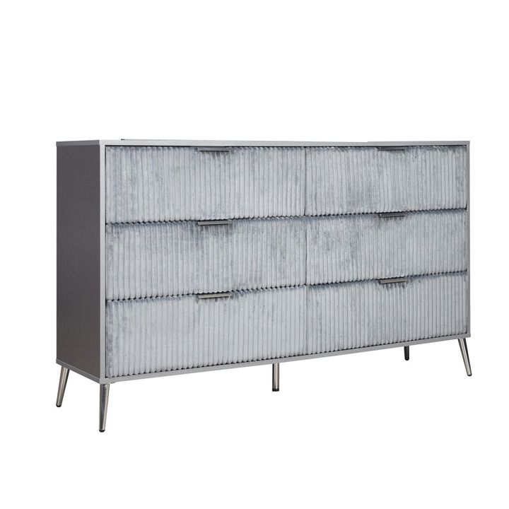 Benjara, Gray, Nickel Moko 58 Inch Wide Dresser, 6 Soft Upholstered Drawers