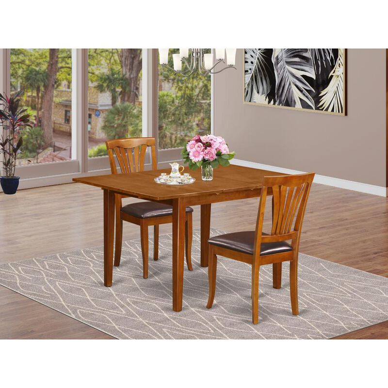 East West Furniture 3  Pc  set  Milan  Table  with  Leaf  and  2  Leather  Chairs  in  Saddle  Brown  .