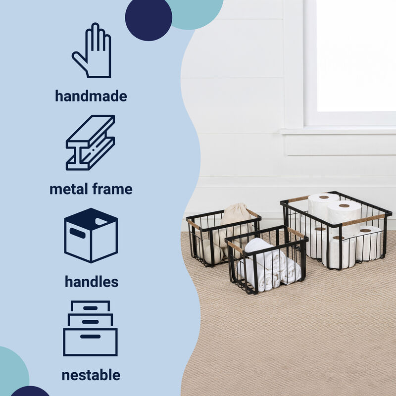 Henley Vintage Farmhouse Handmade Wire Metal Nesting Storage Baskets with Jute Wrapped Handles