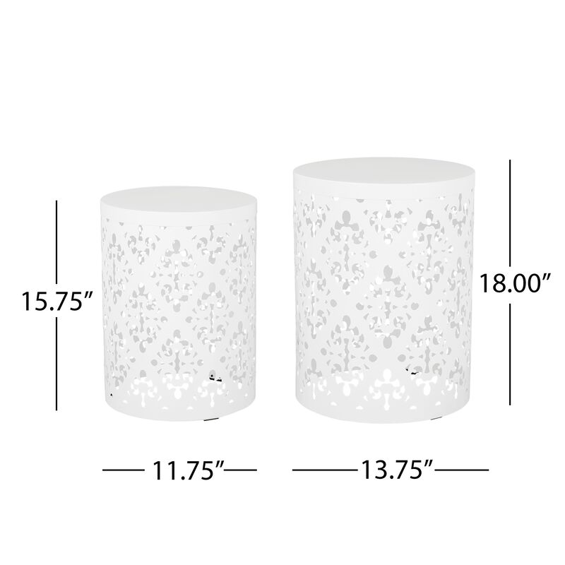 Kemo Outdoor End Table Set of 2, Round Top, Cutout Design, White Iron - Benzara image number 4