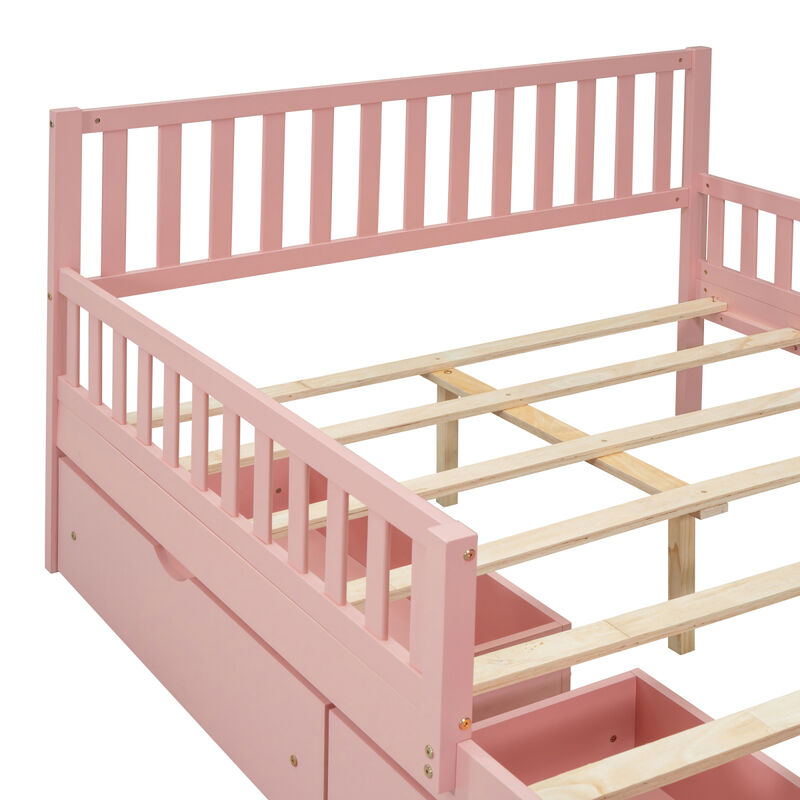 Full Size Wood Platform Bed with Guardrails on Both Sides and Two Storage Drawers, Pink