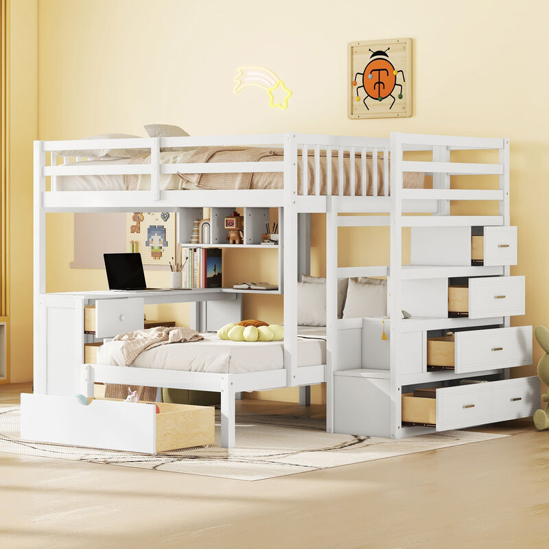 Whisen Full Over Twin Bunk Bed with Desk, Drawers and Shelves