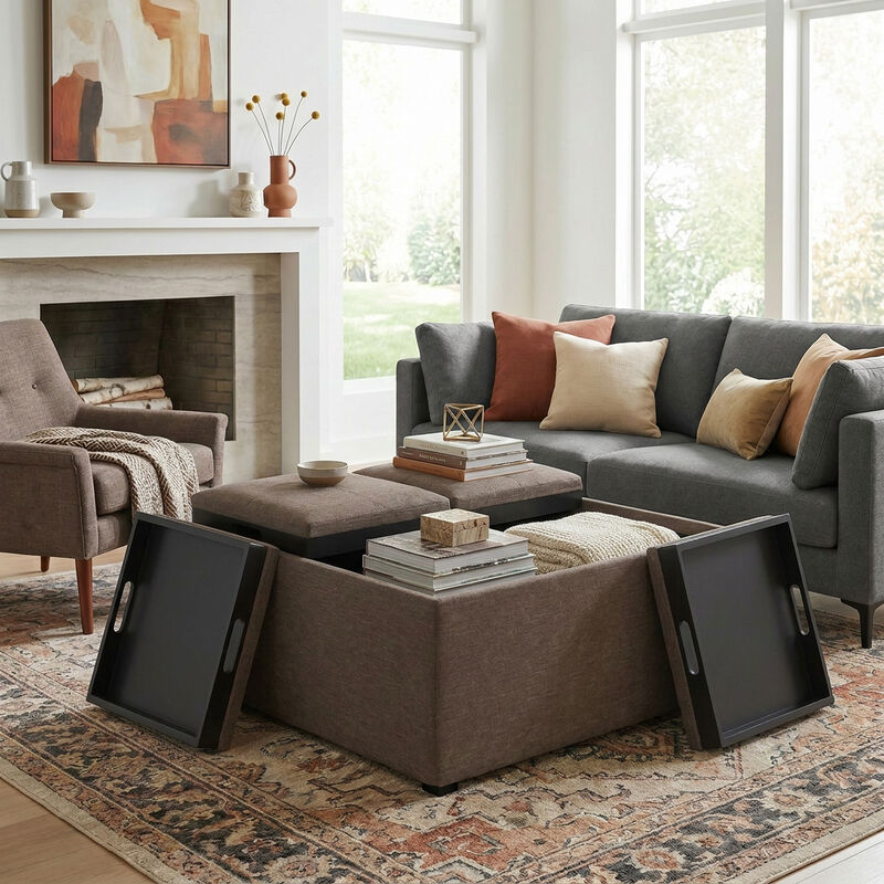 Avalon 35 inch Wide Contemporary Square Coffee Table Storage Ottoman in Fawn Brown Linen Look Fabric, Assembled image number 9
