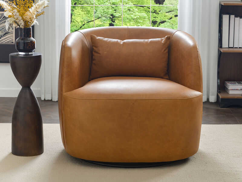 Ashlie 100% Top Grain Genuine Leather Swivel Barrel Chair image number 1