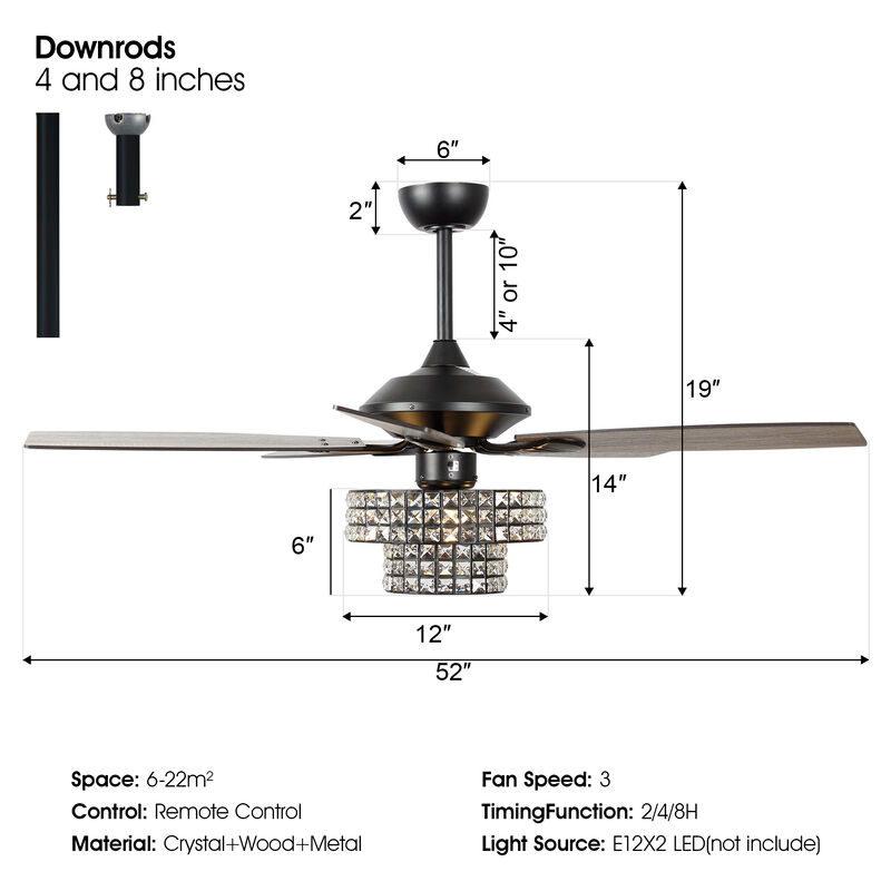 52 in. Black Crystal Chandelier Ceiling Fan with Light and Remote