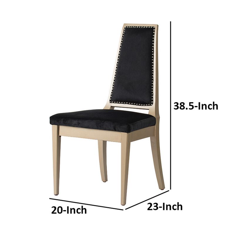 23 Inch Side Dining Chair, Black Soft Velvet Upholstery, Beige Rubberwood - Benzara