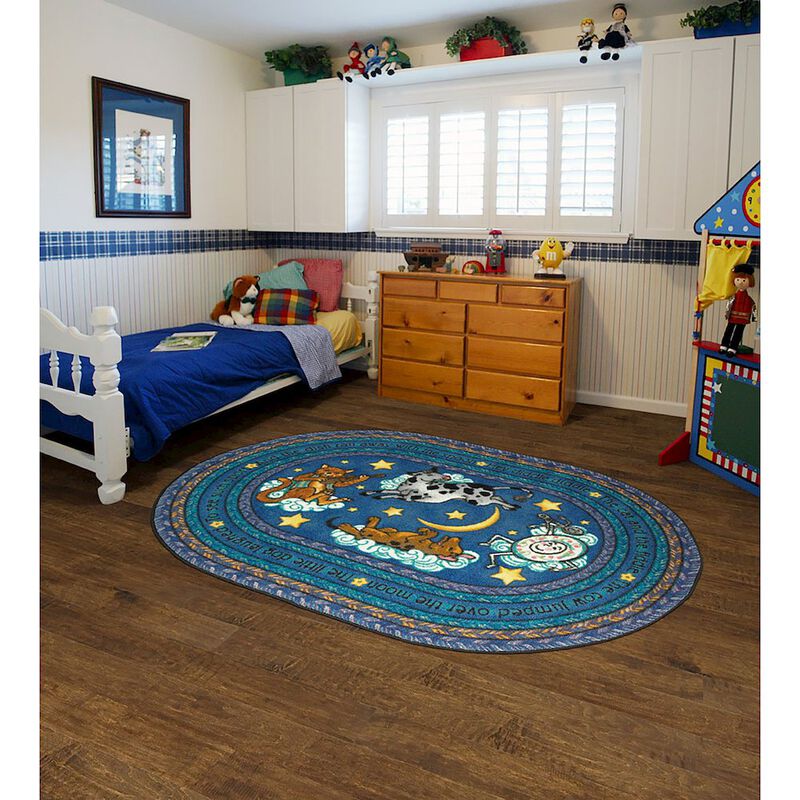 Joy Carpets Kid Essentials Hey Diddle Diddle 7'8 x 10'9 Oval Area Rug in Color Blue