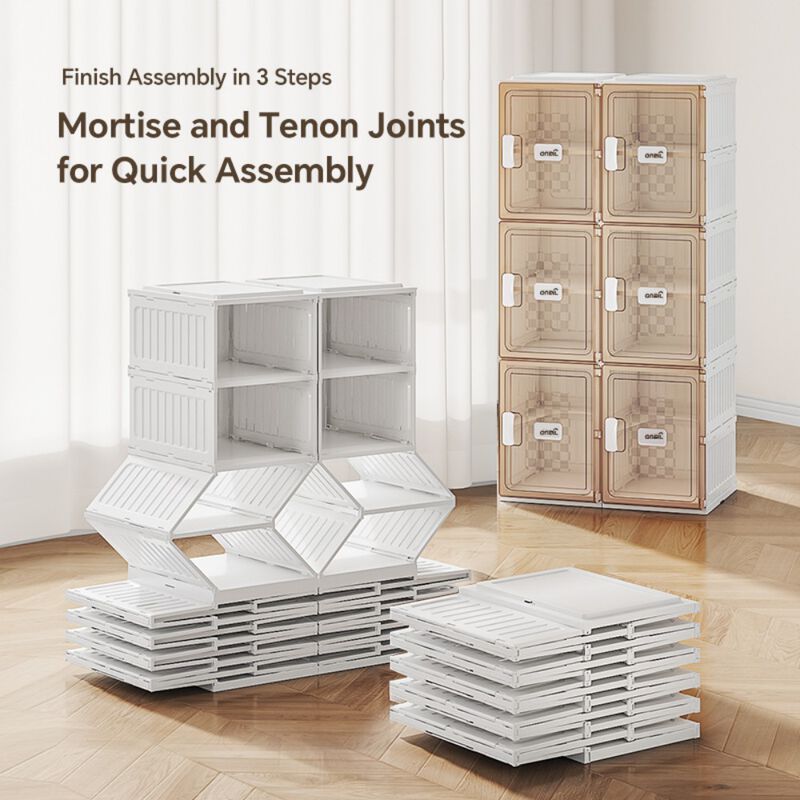Two-Row 8-Layer Foldable Shoe Rack with Dustproof Transparent Doors, Stackable Design