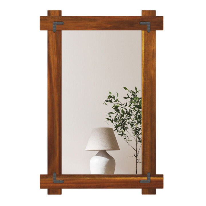 Acacia Wood Framed Mirror with Vintage Rivet Detailing for Stylish Home Decor