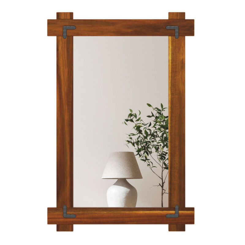Acacia Wood Framed Mirror with Vintage Rivet Detailing for Stylish Home Decor