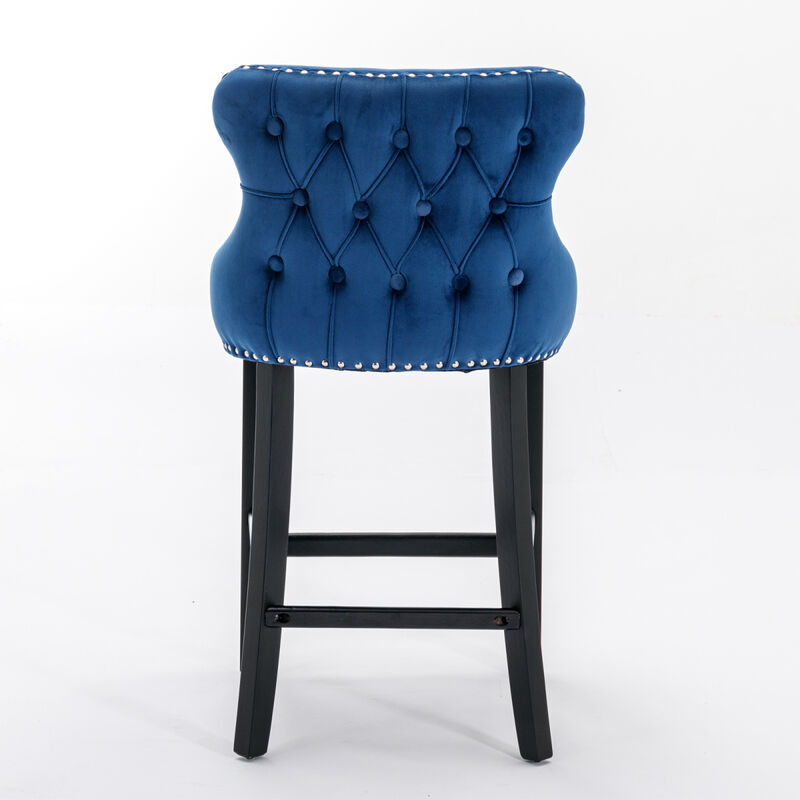 Contemporary Velvet Upholstered Wing-Back Barstools with Button Tufted Decoration and Wooden Legs, and Chrome Nailhead Trim, Leisure Style Bar Chairs,Bar stools,Set of 2 (Blue),SW1824BL