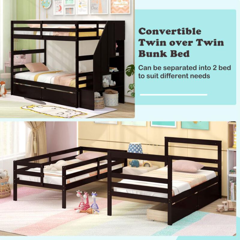 Hivvago Twin Over Twin Bunk Bed with Storage Stairs and Drawers