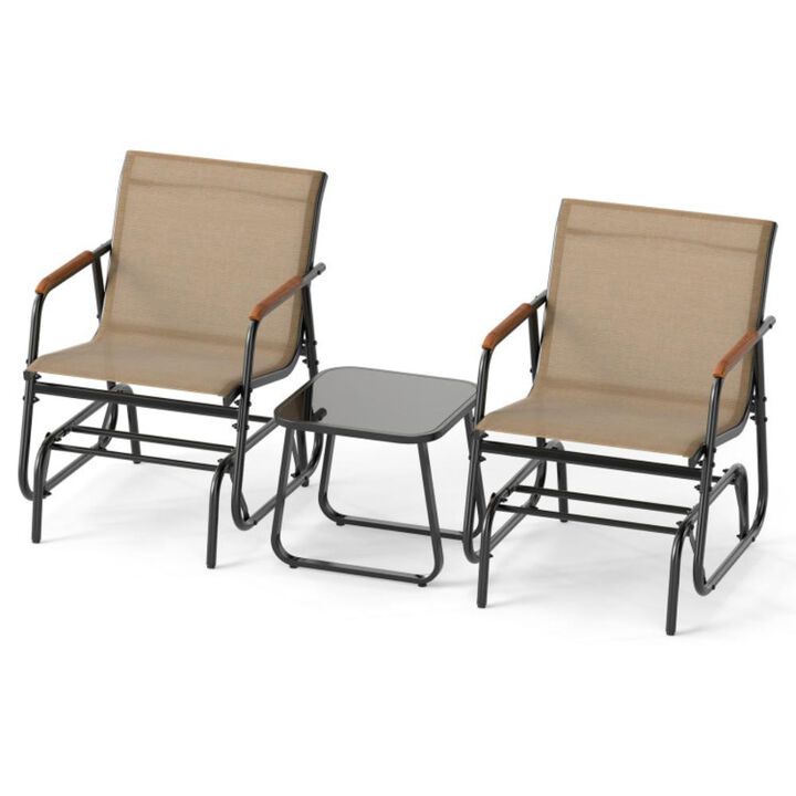 Hivvago 3-Piece Outdoor Glider Bistro Set with Tempered Glass Top and Metal Frame