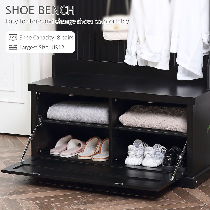 Modern Hall Tree, Coat Rack with Shoe Storage Bench with 4 Double Hooks and 2 Shelves for Hallway, Living Room, Black