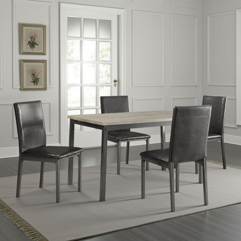 Raza 5pc Dining Set, Weathered Gray Table, 4 Black Faux Leather Chairs - Benzara