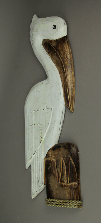 White Wood Coastal Pelican Perched On Nautical Piling Wall Sculpture 24 inch