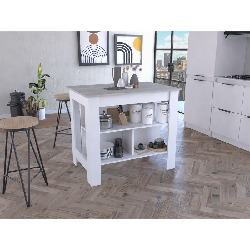 Cala Kitchen Island, Four Legs, Three Shelves -White / Ibiza Marble