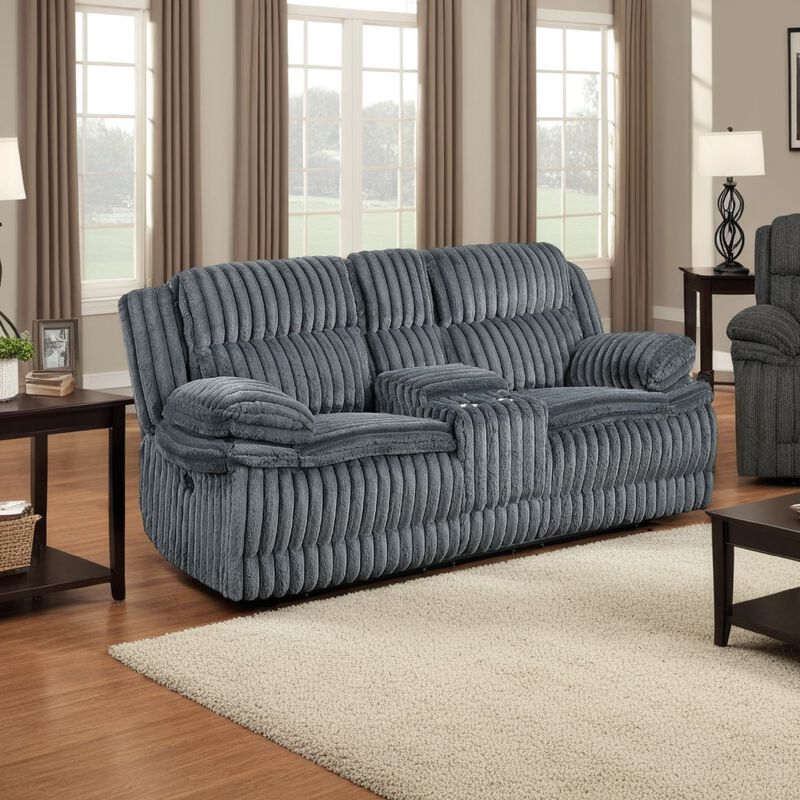 Rexy Manual Dual Recliner Loveseat, Console Dark Gray Corduroy 85 Inch - Benzara