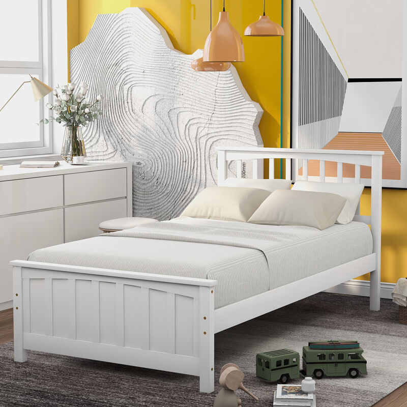 Whisen Classic Twin Size Wood Platform Bed with Headboard and Footboard - White