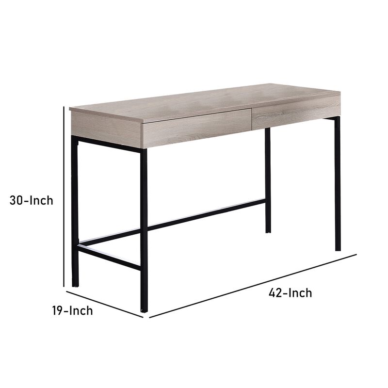 Wooden Desk with 2 Drawers and Metal Frame, Washed White and Black-Benzara