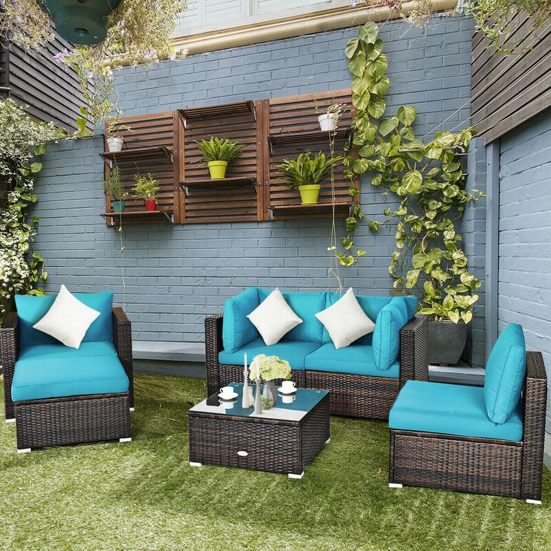6 Pcs Patio Rattan Furniture Set with Sectional Cushion