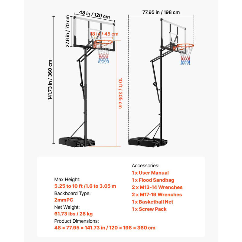 Height Adjustable Basketball Goal with Portable Base, PC Backboard for Driveway and Poolside-Black image number 2