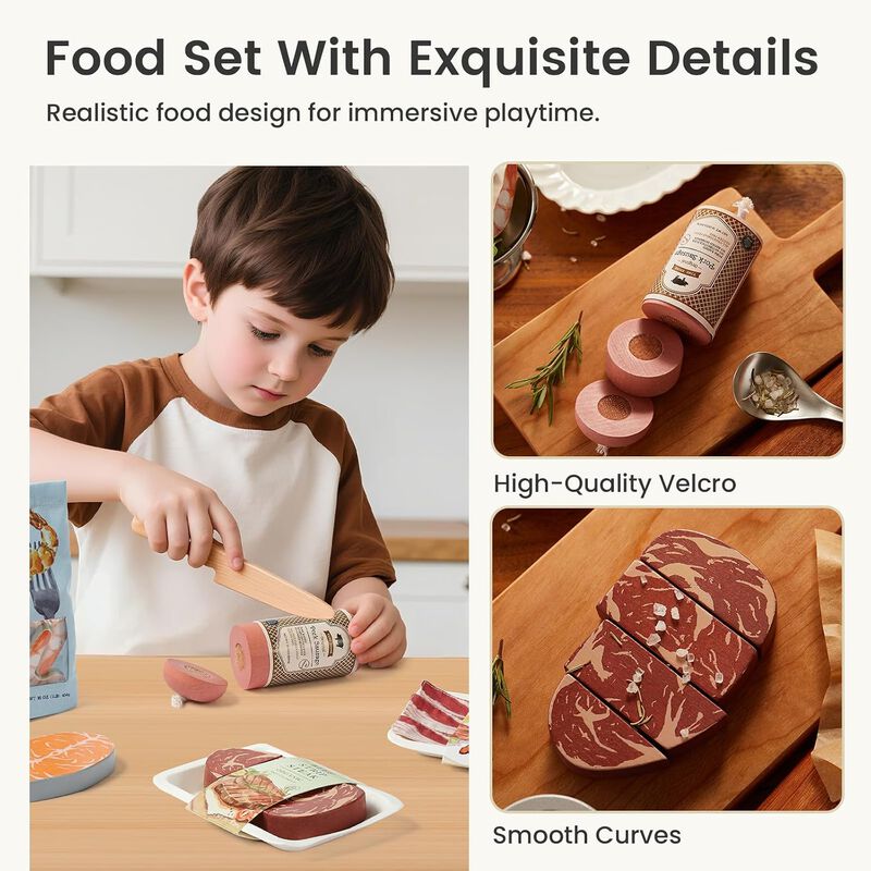 Wooden Play Food for Kids Kitchen, Pretend Food Meat Set Toy - 6Pcs Seafood & Meat Set for Kid, Play Kitchen Accessories, Montessori Toy image number 4