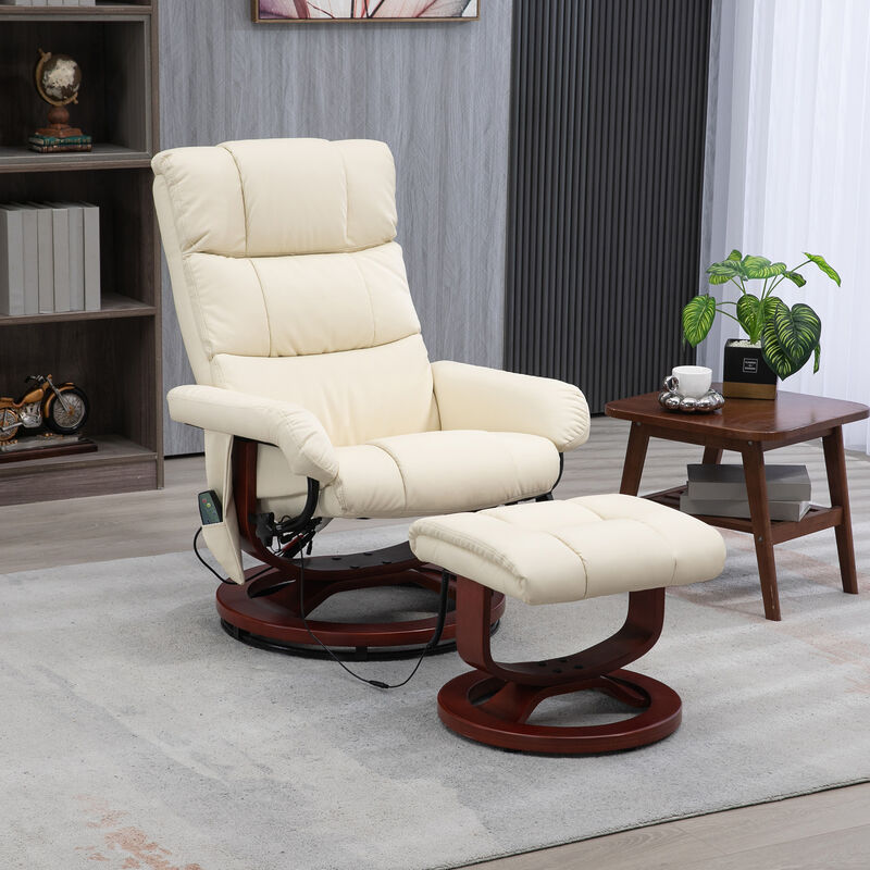 HOMCOM Massage Recliner Chair with Ottoman, Swivel Recliner and Footrest, Faux Leather Reclining Chair with Remote Control and Side Pocket, Cream White