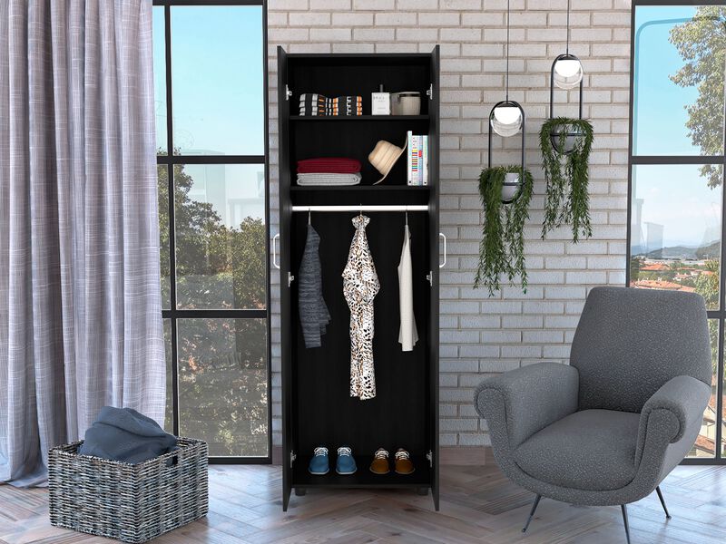 DEPOT E-SHOP London Armoire, Two Shelves, Rod, Double Door Cabinet Armoire, Black