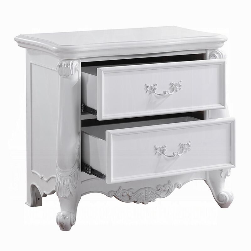 Maver Nightstand with 2 Drawers Scrolled Details, 32 Inch White Wood - Benzara