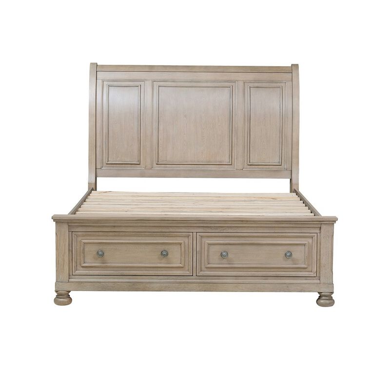 Sage Queen Sleigh Bed, 2 Drawer Footboard, Wire Brushed Smooth Gray Finish - Benzara image number 1
