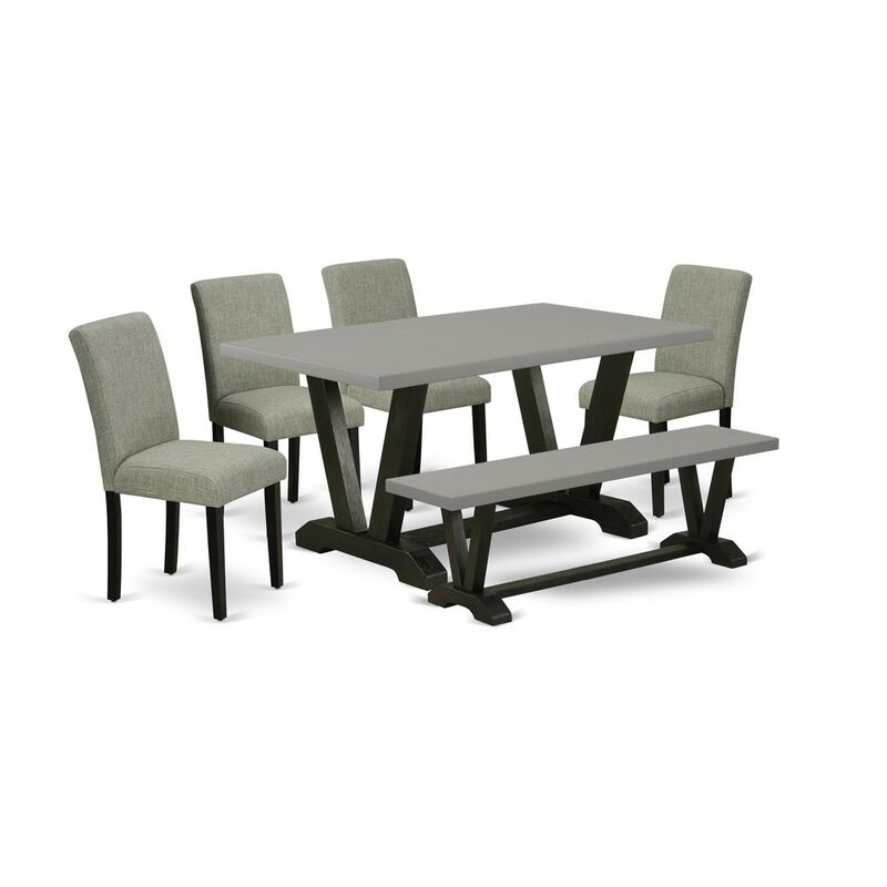 East West Furniture V696AB106-6 6-Pc Kitchen Table Set - 4 Parson Chairs, a Wooden Bench Cement Top and 1 Modern Cement Dining Table Top with High Chair Back - Wire Brushed Black Finish