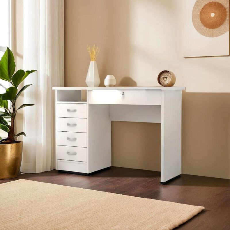 FurniFact Elegant White Computer Desk Featuring Five Drawers and Open Shelf Design
